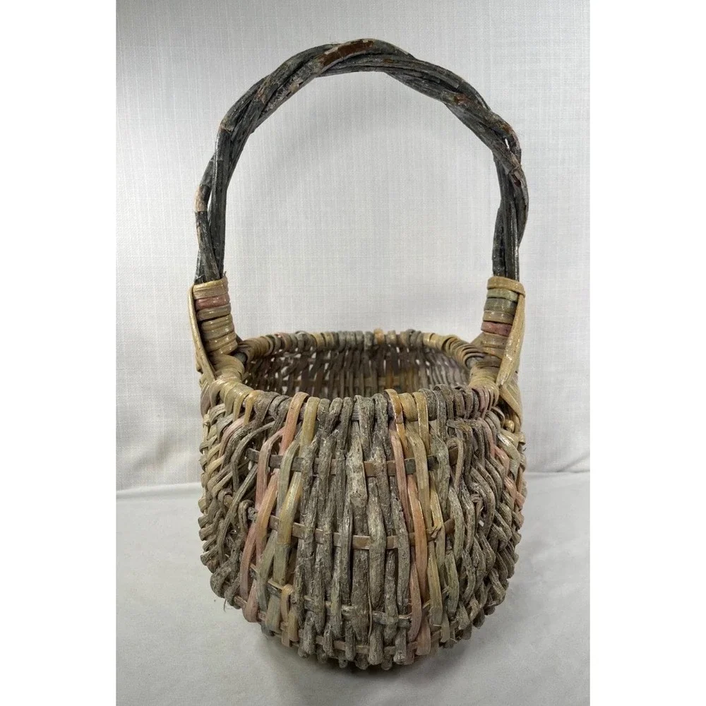 Vintage Hand Woven Rustic Egg Basket God's Eye Primitive Wicker Bentwood Handle